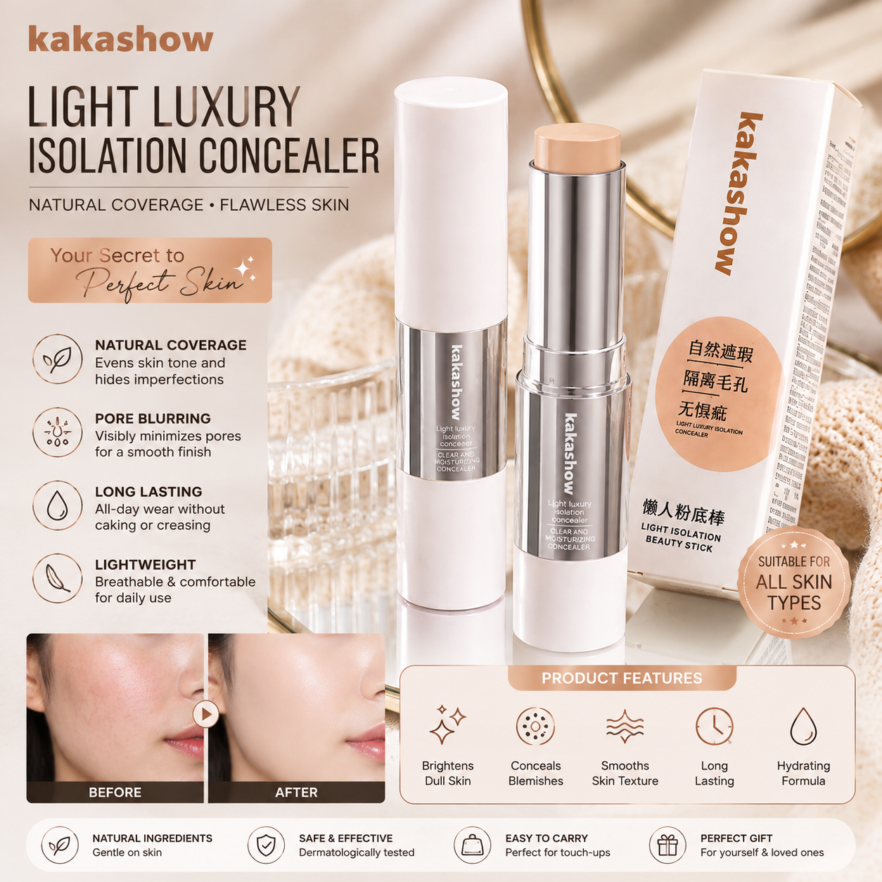 Kakashow Flawless Coverage Concealer Stick | Full Coverage Foundation Stick | Lightweight, Long-Lasting & Natural Finish
