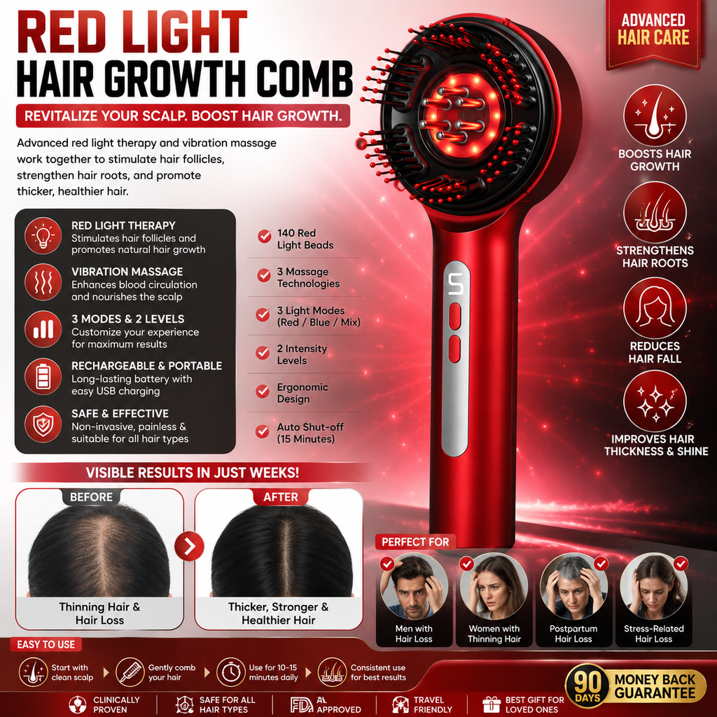 Advanced Red Light Hair Growth Comb™ | LED Scalp Massager for Thicker, Stronger & Healthier Hair | Rechargeable Hair Regrowth Brush