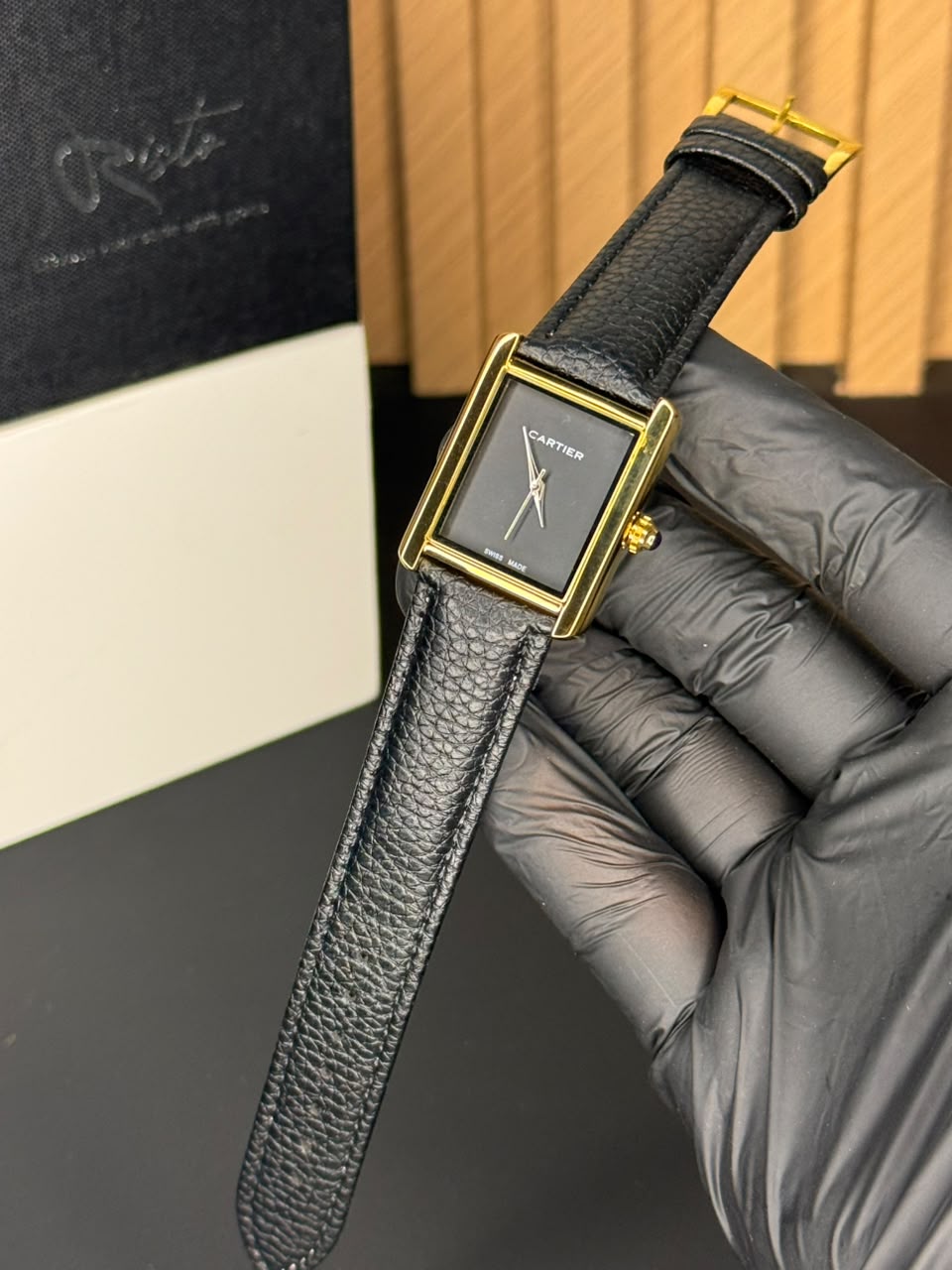 Cartier Tank Plain Dial Watch - Leather Straps Black-Golden Black Dial