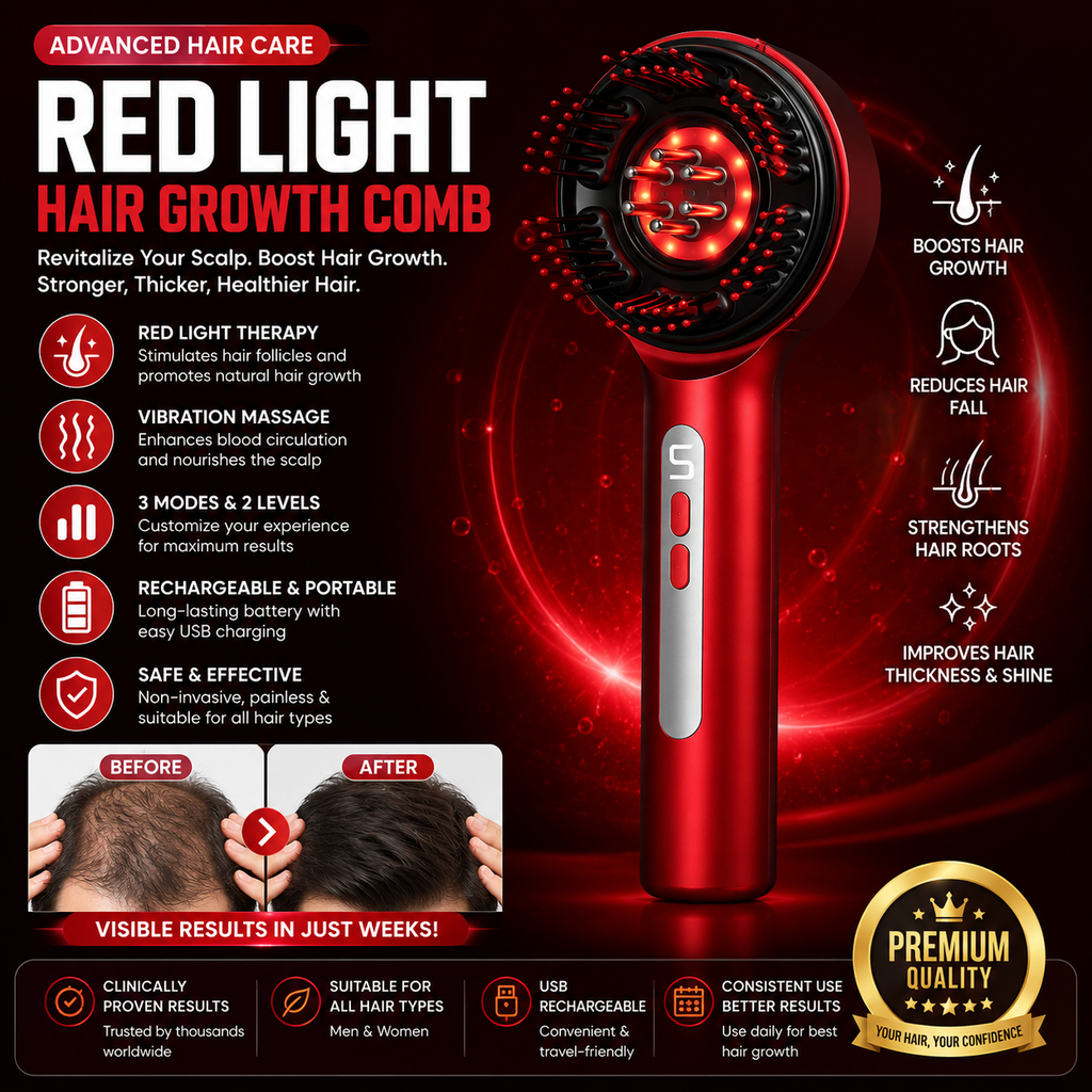 Advanced Red Light Hair Growth Comb™ | LED Scalp Massager for Thicker, Stronger & Healthier Hair | Rechargeable Hair Regrowth Brush